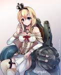  1girl aoi_tsukikage blonde_hair blue_eyes braid breasts crown dress french_braid garter_straps hairband kantai_collection large_breasts long_hair long_sleeves machinery mini_crown off_shoulder sitting solo thigh-highs throne warspite_(kantai_collection) white_dress 