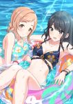  2girls a-1_pictures bandai_namco bangs bare_shoulders bikini black_eyes black_hair bracelet breasts brown_eyes brown_hair collarbone commentary_request cute eyebrows_visible_through_hair highres idolmaster idolmaster_shiny_colors innertube jewelry kazano_hiori large_breasts long_hair looking_at_viewer medium_breasts medium_hair midriff mole mole_under_mouth multiple_girls necklace open_mouth sakuragi_mano swimming swimsuit tamakaga water wet 