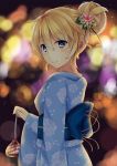  1girl alternate_costume alternate_hairstyle bag blonde_hair blue_eyes blurry bokeh depth_of_field floral_print hair_bun iowa_(kantai_collection) japanese_clothes kantai_collection kimono kinchaku looking_at_viewer looking_back satchel smile solo star star-shaped_pupils symbol-shaped_pupils youkan_(mattya_youkan) yukata 