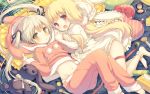  2girls black_ribbon blonde_hair cafe_sourire crossover hair_ribbon highres hood indoors kasugano_sora long_hair looking_at_viewer lying midriff multiple_girls navel ogiwara_kyouko on_back on_side open_mouth orange_eyes pajamas panties pillow ribbon twintails underwear white_panties yamucha yellow_eyes yosuga_no_sora 