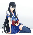  1girl alternate_costume bangs bespectacled black_legwear blue-framed_eyewear blue_skirt book breasts eyebrows eyebrows_visible_through_hair glasses hime_cut kill_la_kill kiryuuin_satsuki large_breasts long_hair no_shoes open_book over-rim_glasses reading ricci_escutin school_uniform semi-rimless_glasses serafuku sitting skirt solo thick_eyebrows thigh-highs very_long_hair zettai_ryouiki 