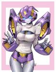  1girl autobot blush breasts glowing glowing_eyes mecha nautica no_humans open-chest_sweater robot science_fiction solo sweater transformers zoner 