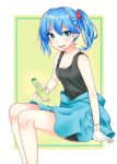  1girl absurdres bike_shorts blue_eyes blue_hair blue_skirt border eyelashes gloves hair_bobbles hair_ornament highres kawashiro_nitori looking_at_viewer mameda_(artist) no_hat no_headwear open_mouth outside_border ramune sitting skirt smile solo sweat tank_top touhou twintails yellow_background 