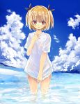  1girl blush clouds hair_ribbon highres iijima_yun kumakou looking_at_viewer new_game! ocean open_mouth red_eyes ribbon shirt shirt_tug sky solo standing twintails wading water wet wet_clothes wet_shirt 