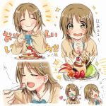  &gt;_&lt; +_+ 1girl :d :o beamed_quavers blush breasts brown_eyes brown_hair closed_eyes eating hand_on_own_cheek happy heart idolmaster idolmaster_cinderella_girls mimura_kanako multiple_views musical_note open_mouth pancake quaver restaint school_uniform short_hair sketch smile sparkle translation_request 