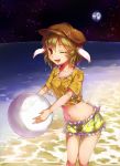  1girl ;d animal_ears ball beachball blonde_hair bunny_tail collarbone cowboy_shot crop_top earth flat_cap hat highres looking_at_viewer midriff navel ocean one_eye_closed open_mouth piyodesu rabbit_ears red_eyes ringo_(touhou) short_hair short_shorts shorts sky smile solo star_(sky) starry_sky tail touhou water wet wet_clothes wet_hair 