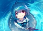  1girl :&gt; ainy77 blue_eyes blue_hair blue_skirt blue_vest closed_umbrella from_above heterochromia juliet_sleeves long_sleeves looking_at_viewer looking_up puffy_sleeves red_eyes ripples short_hair signature skirt smile solo tatara_kogasa touhou umbrella water 
