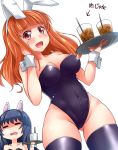  2girls :d =_= animal_ears black_hair black_legwear breasts bunnysuit cleavage drooling fake_animal_ears girls_und_panzer hand_on_own_cheek kitayama_miuki leotard long_hair multiple_girls open_mouth orange_eyes orange_hair rabbit_ears reizei_mako smile takebe_saori thigh-highs thigh_gap translated tray wide_hips wrist_cuffs 