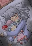  2girls :x bad_anatomy bad_hands bed blanket braid character_doll corkboard doll gaoo_(frpjx283) grey_hair highres izayoi_sakuya multiple_girls pajamas pillow remilia_scarlet sleeping smile touhou upside-down 