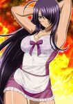  1girl armpits arms_behind_back breasts cleavage collarbone fire hair_over_one_eye hands_in_hair ikkitousen kan&#039;u_unchou large_breasts long_hair purple_hair shiny shiny_skin solo 