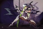  1girl absurdres armor ass_visible_through_thighs blonde_hair breasts covered_nipples genderswap genderswap_(mtf) genji_(overwatch) green_eyes helmet highres katana large_breasts one_knee overwatch parted_lips shen_shen shuriken skin_tight solo spread_legs sword weapon 