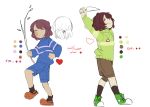  androgynous bandaid bandaid_on_face black_legwear braid branch brown_hair chara_(undertale) clenched_hands color_guide commentary crocs english frisk_(undertale) heart heart_pendant jewelry kneehighs knife necklace parted_lips red_eyes shorts sketch smile soleilos spoilers standing stick striped striped_sweater sweater undertale 