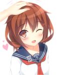  1girl ;d blush brown_hair collarbone eyebrows eyebrows_visible_through_hair fang hair_ornament hairclip hand_on_another&#039;s_head heart ikazuchi_(kantai_collection) kantai_collection looking_at_viewer motion_lines neckerchief omochi_(yuki-hibarigaoka) one_eye_closed open_mouth petting sailor_collar smile solo_focus upper_body white_background 