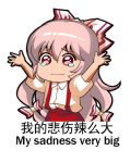 1girl bow chinese commentary_request engrish fujiwara_no_mokou hair_bow long_hair lowres meme pink_hair puffy_short_sleeves puffy_sleeves ranguage red_eyes sad shangguan_feiying short_sleeves solo suspenders tears touhou translation_request 