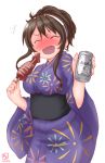  1girl 2016 alternate_costume alternate_hairstyle artist_name ashigara_(kantai_collection) beer_can blush brand_name_imitation breasts brown_hair closed_eyes dated drunk fang food full-face_blush hairband highres ikayaki japanese_clothes kanon_(kurogane_knights) kantai_collection kimono large_breasts long_hair open_mouth simple_background smile solo squid white_background wide_sleeves yukata 