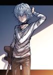  1boy accelerator albino choker crutch highres long_sleeves looking_at_viewer male_focus pale_skin pants puma_(hyuma1219) red_eyes shirt sketch solo striped striped_shirt to_aru_kagaku_no_accelerator to_aru_majutsu_no_index white_hair 