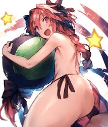  1boy :d ass ball beachball bikini blush braid fang fate/apocrypha fate/grand_order fate_(series) from_behind hair_ribbon long_hair looking_back open_mouth otoko_no_ko pink_bikini pink_hair redcomet ribbon rider_of_black side-tie_bikini single_braid slit_pupils smile solo striped striped_bikini swimsuit topless very_long_hair violet_eyes 