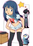  1girl alternate_costume black_gloves blue_eyes blue_hair cosplay crop_top dressing gloves hikari_(pokemon) long_hair midriff miniskirt musashi_(pokemon) musashi_(pokemon)_(cosplay) natsunagi_takaki piplup pokemon pokemon_(anime) pokemon_(creature) satoshi_(pokemon) sidelocks skirt star team_rocket thigh-highs uniform 