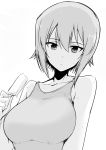  1girl breasts expressionless girls_und_panzer greyscale harukon_(halcon) large_breasts monochrome nishizumi_maho popsicle short_hair simple_background solo 