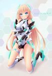  1girl :o absurdres angela_balzac armor ass_visible_through_thighs bangs bare_shoulders blonde_hair blue_eyes blush boots breasts character_name covered_collarbone elbow_gloves embarrassed faulds full_body gloves greaves groin halterneck headgear hexagon highleg highleg_leotard highres hip_vent holding_arm honeycomb_background impossible_clothes impossible_leotard knee_boots kneeling kuro_neko_(yxmikan) legs_apart leotard long_hair looking_at_viewer low_twintails medium_breasts neon_trim open_mouth parted_bangs pilot_suit raised_eyebrows rakuen_tsuihou shadow solo thigh_strap turtleneck twintails vambraces very_long_hair 