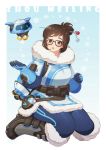  1girl bangs beads belt belt_pouch black-framed_eyewear blue_gloves blue_legwear boots brown_eyes brown_hair canister canteen coat drone floating fur-lined_boots fur-lined_jacket fur_boots fur_coat fur_trim glasses gloves hair_bun hair_ornament hair_stick hand_up looking_at_viewer machinery mei_(overwatch) overwatch parka parted_lips pink_lips robot shoes short_hair sidelocks sitting smile snowflake_hair_ornament solo spiked_shoes spikes swept_bangs wariza winter_clothes winter_coat 