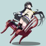  1girl ass asymmetrical_legwear balancing black_hair black_legwear chair commentary_request from_behind gloves hair_ribbon highres isokaze_(kantai_collection) kantai_collection kirisato_itsuki kneehighs kneeling long_hair long_sleeves looking_back neckerchief pleated_skirt red_eyes ribbon school_uniform serafuku single_kneehigh single_thighhigh skirt smile solo thigh-highs tress_ribbon very_long_hair white_gloves 