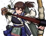  1girl armor arrow bow_(weapon) brown_eyes brown_hair gloves hamu_agaki japanese_clothes kaga_(kantai_collection) kantai_collection machinery muneate quiver side_ponytail solo weapon wide_sleeves 