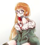  1girl :d ahoge black-framed_eyewear brown_hair glasses gradient gradient_background grey_eyes grin headphones headphones_around_neck hilo_(joy_hero) jacket long_hair looking_at_viewer open_mouth persona persona_5 sakura_futaba simple_background sitting smile solo sparkle 