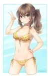  1girl bikini brown_eyes brown_hair cowboy_shot creatures_(company) cute female_protagonist_(pokemon_go) game_freak highres moe navel niantic_labs nintendo olm_digital pokemon pokemon_go ponytail puutarou solo standing swimsuit v yellow_bikini 