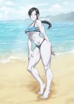  1girl barefoot beach black_hair breasts elee0228 grey_eyes large_breasts long_hair ocean ponytail sky solo swimsuit tankini toned under_boob water white_skin wii_fit wii_fit_trainer 