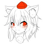  1girl :3 absurdres animal_ears blush hat highres inubashiri_momiji looking_at_viewer pom_pom_(clothes) red_eyes short_hair simple_background smile solo tenkou tokin_hat touhou white_background white_hair wolf_ears 
