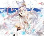  1girl animal_ears asymmetrical_clothes asymmetrical_legwear bangs bare_shoulders blue_eyes blue_rose blue_sky blunt_bangs breasts cat_ears cleavage clouds cloudy_sky crossed_legs dress elbow_gloves erun_(granblue_fantasy) feathers fingerless_gloves flower gen_(gen_7254) gloves granblue_fantasy grin hair_ornament heart highres holding korwa long_hair looking_at_viewer medium_breasts pearl quill ribbon rose showgirl_skirt silver_hair sitting sky smile solo sparkle thigh-highs tsurime white_gloves zettai_ryouiki 