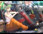 2girls :3 :q bangs bare_arms bare_shoulders black_shoes blunt_bangs bow box cable cannon cardboard_box chain closed_mouth cuon_(kuon) drill electric_fan extension_cord fairy_(kantai_collection) green_bow green_hair hair_bow hammer helmet kantai_collection ladder letterboxed machinery mallet mask_on_head mechanical_parts minigirl miss_cloud multiple_girls number orange_pants pipes rensouhou-chan rensouhou-kun robot shelf shirt shoes short_hair sitting sleeveless smile tank_top tongue tongue_out turret watermark web_address welding_mask white_shirt wrench yellow_eyes yuubari_(kantai_collection) 