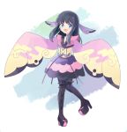  1girl :d bangs black_boots black_legwear boots cosplay high_heels hikari_(pokemon) japanese_clothes kimono long_hair looking_at_viewer mache_(pokemon) mache_(pokemon)_(cosplay) mei_(maysroom) open_mouth pantyhose pokemon pokemon_(game) pokemon_dppt pokemon_xy short_kimono simple_background sleeves_past_wrists smile solo standing standing_on_one_leg white_background 