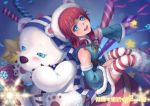  1girl alternate_costume animal_hood annie_hastur bear bear_hood between_legs blue_eyes blush breasts candy candy_cane destincelly detached_sleeves frostfire_annie garter_straps hand_between_legs hat highres hood league_of_legends looking_up open_mouth outstretched_hand polar_bear redhead scarf sitting small_breasts snowflakes star stitches striped striped_legwear striped_scarf thigh-highs tibbers 