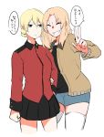  :| absurdres af0r2 blonde_hair blue_eyes bomber_jacket closed_eyes cropped_legs darjeeling denim denim_shorts girls_und_panzer highres jacket kay_(girls_und_panzer) locked_arms shorts sketch skirt smile speech_bubble teeth thigh-highs translated v white_background white_legwear 