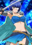  1girl armpits black_shorts blue_hair breasts cleavage collarbone eyepatch green_eyes holding holding_sword holding_weapon ikkitousen katana large_breasts looking_at_viewer mole mole_under_mouth ryomou_shimei shiny shiny_skin short_hair shorts smile solo spaulders sword weapon 
