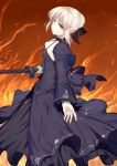  1girl abusoru bow braid breasts brown_eyes cleavage excalibur fate/stay_night fate_(series) fire hair_bow hair_ribbon holding holding_sword holding_weapon looking_at_viewer ribbon saber saber_alter silver_hair small_breasts solo sword weapon 