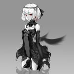  1girl :d black_gloves breasts cancell cleavage covered_navel detached_sleeves gloves looking_at_viewer open_mouth original red_eyes short_hair smile solo teeth white_hair 