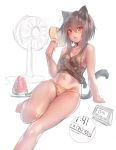  1girl animal_ears black_hair blush cat_ears clock deluxe&lt;&lt;&lt; digital_clock electric_fan fan fanning_self food fruit groin highres leaning_back midriff navel no_pants orange_panties original panties red_eyes short_hair_with_long_locks sitting sketch solo sweat tail tank_top underwear watermelon white_background 