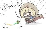  1girl angeltype angry bangs belt blonde_hair blood bloody_clothes broken broken_sword broken_weapon brown_eyes cape chaos_ruler_(granblue_fantasy) chibi djeeta_(granblue_fantasy) face_mask granblue_fantasy hair_between_eyes hood mask red_legwear short_hair simple_background skull solo sword thigh-highs throwing torn_cape torn_clothes weapon white_background 