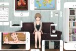  1girl alarm_clock bare_legs barefoot book bookshelf brown_eyes brown_hair calendar cellphone clock commentary couch hood hoodie magazine map original painting_(object) phone short_hair sitting smartphone solo television thermostat yajirushi_(chanoma) 