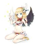  1girl asymmetrical_wings bikini blonde_hair blue_eyes hair_ornament hairband highres hilo_(joy_hero) looking_at_viewer maaru_(shironeko_project) navel shironeko_project simple_background sitting smile solo swimsuit symbol-shaped_pupils wariza white_background wings 