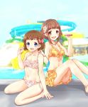  2girls :d absurdres anklet barefoot bikini blue_eyes breasts brown_eyes brown_hair collarbone flower hair_flower hair_ornament highres idolmaster idolmaster_cinderella_girls jewelry kitami_yuzu kudou_shinobu kudukimii multiple_girls necklace open_mouth pool short_hair side-tie_bikini sitting small_breasts smile swimsuit wariza water_slide 