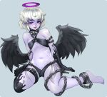  1girl :p arm_belt barbariank bare_shoulders barefoot black_wings chain collar cuffs dark_angel_(monster_girl_encyclopedia) feathered_wings flat_chest halo leg_belt looking_at_viewer monster_girl_encyclopedia petite pointy_ears purple_skin shackles short_hair silver_hair simple_background sitting solo tattoo tongue tongue_out violet_eyes wings 