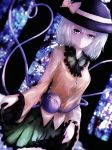  1girl bad_id black_hat blurry bow cowboy_shot depth_of_field dyolf eyeball frilled_shirt_collar frills green_eyes green_skirt hat hat_bow heart heart_of_string komeiji_koishi light_smile long_sleeves looking_at_viewer parted_lips shirt short_hair silver_hair skirt solo stained_glass stitched third_eye touhou wide_sleeves yellow_bow yellow_shirt 