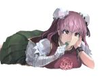  1girl bandaged_arm breasts bun_cover chinese_clothes commentary cuffs double_bun eating elbow_rest flower food food_in_mouth hand_on_own_cheek holding holding_food ibaraki_kasen ichiba_youichi large_breasts lying on_stomach pink_eyes pink_hair pleated_skirt rose shackles short_hair short_sleeves sketch skirt solo tabard touhou white_background 
