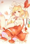  1girl ascot blonde_hair bow flandre_scarlet frilled_cuffs hand_on_own_cheek hat hat_ribbon highres looking_at_viewer mob_cap muin petals puffy_short_sleeves puffy_sleeves red_bow red_eyes red_ribbon red_skirt red_vest ribbon short_sleeves side_ponytail skirt smile solo touhou white_hat wings wrist_cuffs 