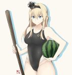  1girl alternate_costume anchor_symbol blonde_hair blue_eyes braid competition_swimsuit crown food french_braid fruit hairband kantai_collection long_hair mini_crown one-piece_swimsuit solo souji standing stick suikawari swimsuit warspite_(kantai_collection) watermelon 