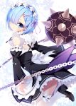  1girl blue_eyes blue_hair detached_sleeves flail hair_ornament hair_over_one_eye hairpin kobayashi_chisato looking_at_viewer maid maid_headdress morning_star parted_lips re:zero_kara_hajimeru_isekai_seikatsu rem_(re:zero) short_hair solo weapon 